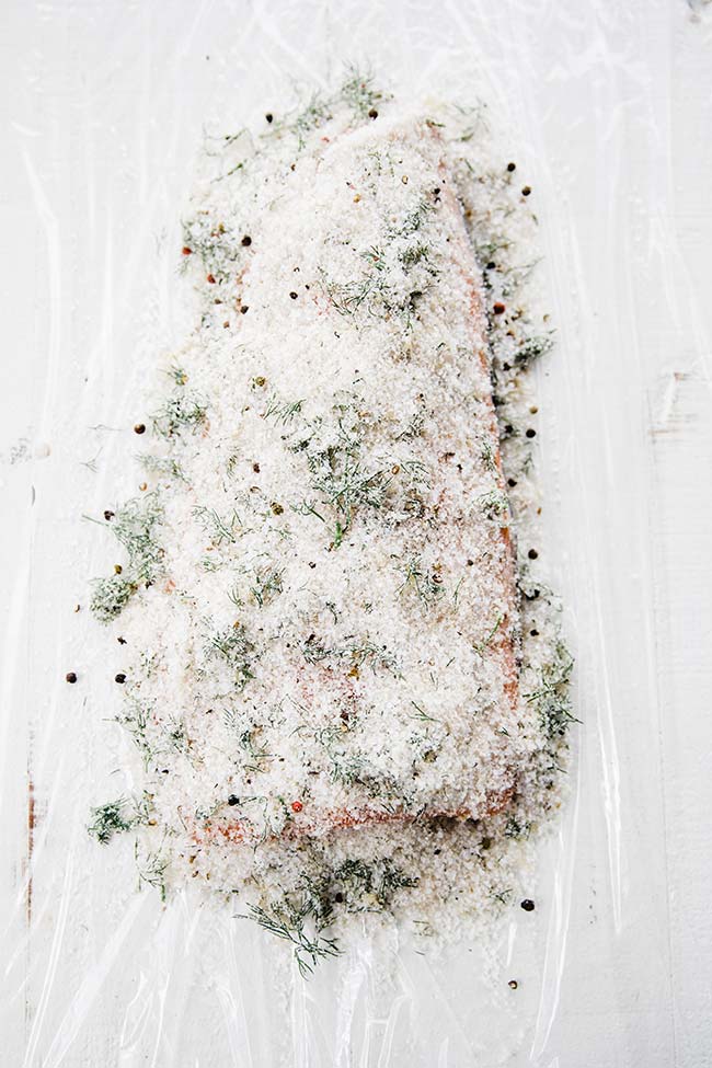 salt cured gravlax on plastic wrap that is been seasoned underneath