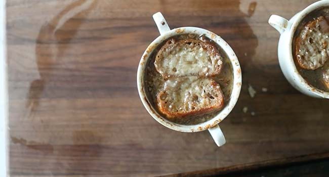 onion soup with crostinis and cheese