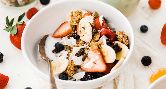 seed granola with fruit and milk