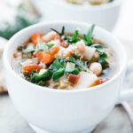 vegetable minestrone soup recipe with beans, kale, carrots and oregano in a cup