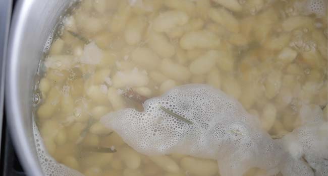 cooking soaked cannellini beans in water in a pot