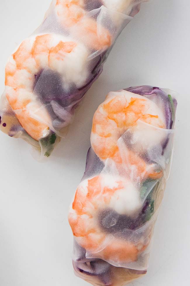 shrimp spring rolls wrapped up in rice paper.