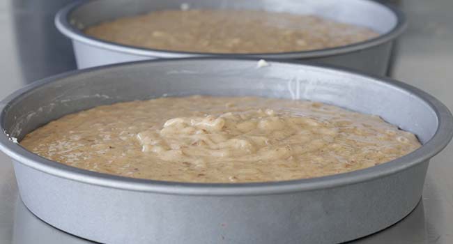 hummingbird cake batter in cake pans