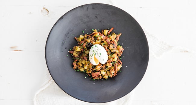 corned beef hash with a jammy eggs