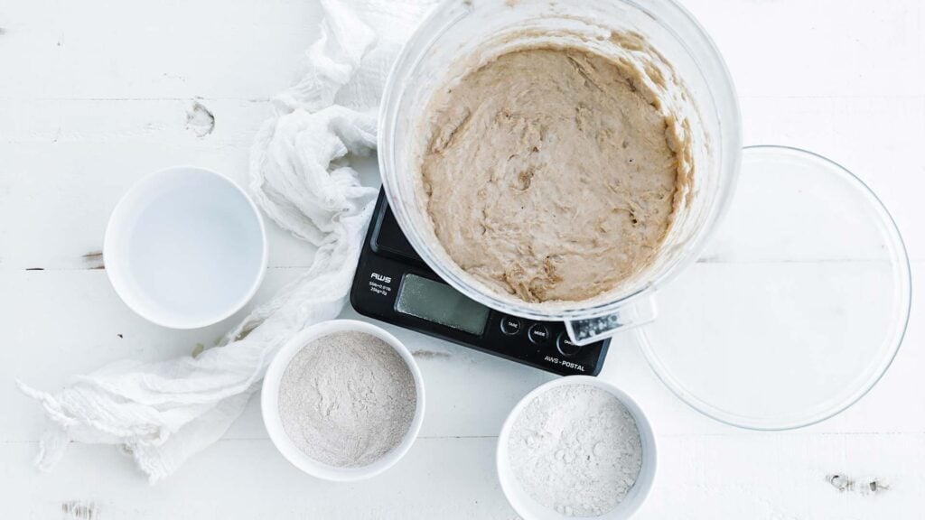 levain on a scale in a container with flours