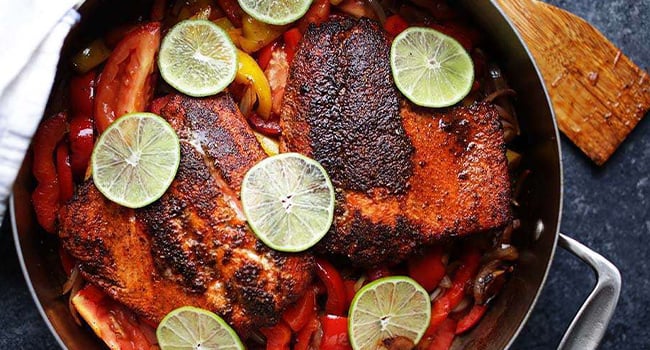 salmon with peppers and onions