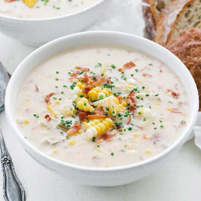 bowl of summer corn chowder with bacon