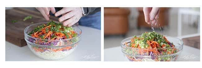 Adding vegetables to a bowl of coleslaw