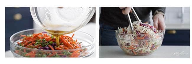 adding dressing to a bowl of coleslaw