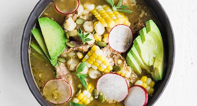 pozole with avocado and radish