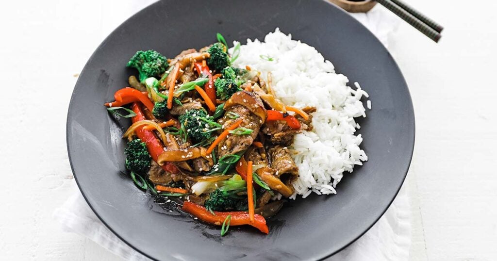  beef stir fry over jasmine rice