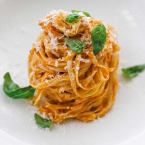 bowl of pasta tossed in Pomodoro sauce