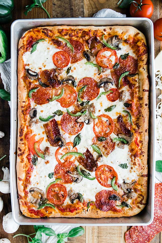 Sicilian sheet pan pizza withe pepperoni