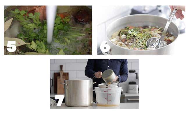 step by step procedures for simmering a chicken stock in a pot