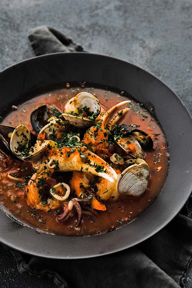 seafood cioppino in a bowl