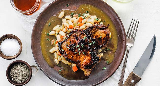 cooked maple pork chops with beans