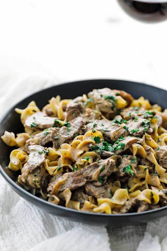 bowl of beef stroganoff with noodles