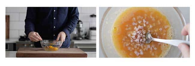whisking together eggs with ham, salt and pepper