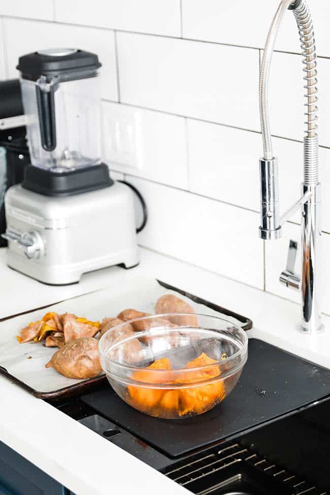 peeling baked sweet potatoes using the chef center cutting board
