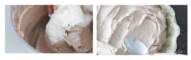folding whipped cream into a french silk pie filling and forming it to a pie pan
