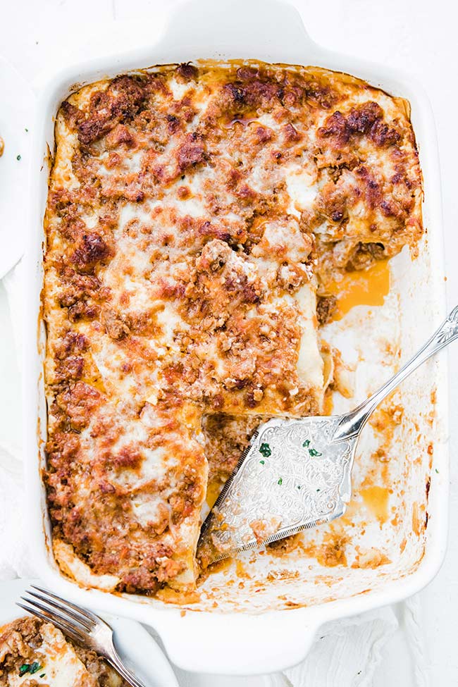 lasagna bolognese in a casserole dish