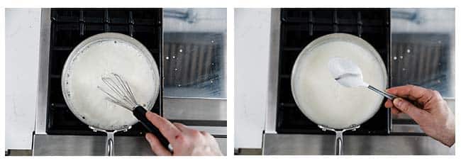 whisking a white sauce and coating a spoon for nappe