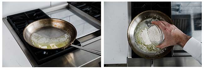 melting butter in a pan and adding in flour as part of how to make a roux recipe