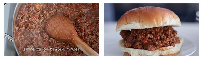 simmering homemade sloppy joes in a pan and then on a bun