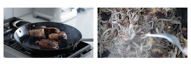 searing pork confit and shredding it with 2 forks