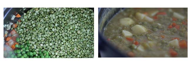 simmering the soup with split peas and vegetables