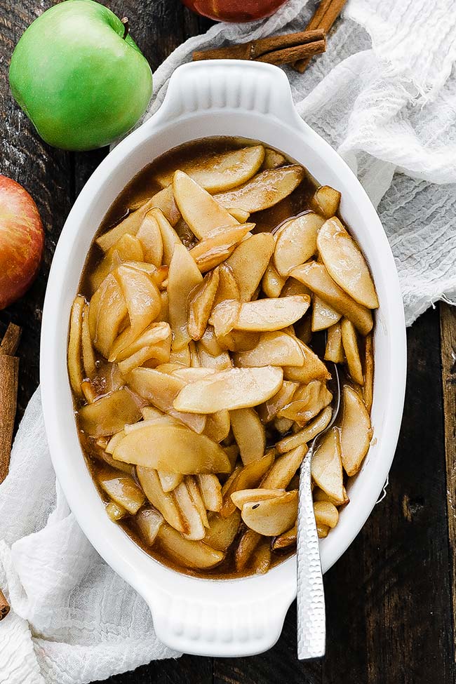 oval dish of golden baked apples