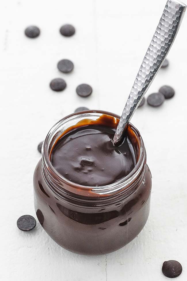 glass jar of warm chocolate sauce