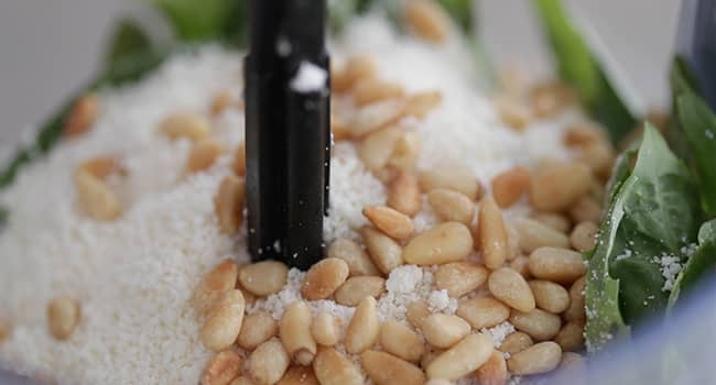 pine nuts and cheese with basil in a food processor