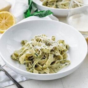 bowl of pesto pasta with parmesan