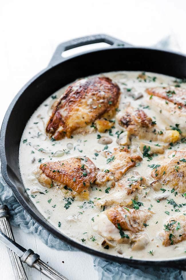 chicken fricassee with herbs in a pan