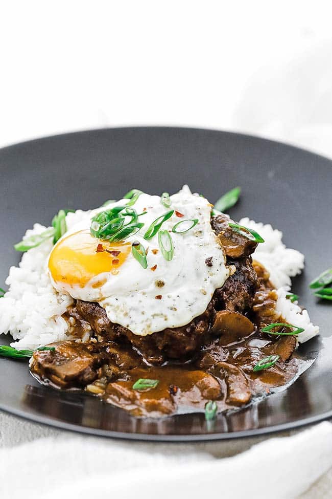 loco moco with green onions and gravy