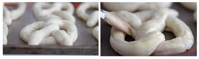 brushing pretzels on a silpat with egg wash