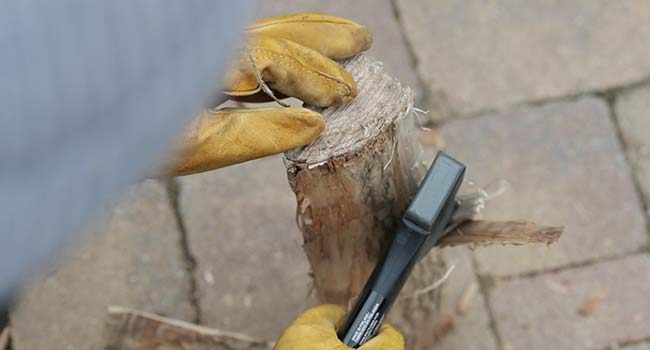 trimming a log with an ax