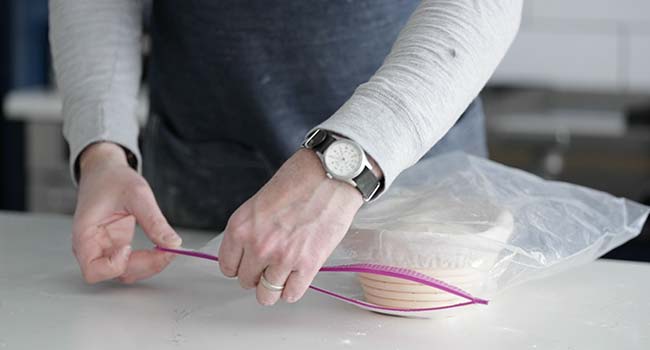 adding dough in a bannetton to a large plastic zip bag