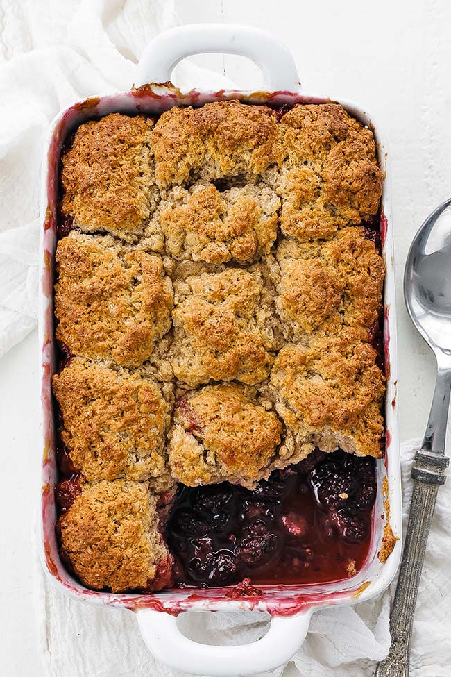 blackberry cobbler in a casserole dish