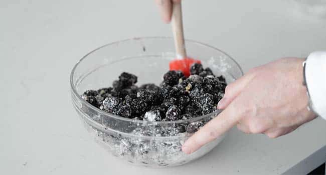 tossing blackberries in a bowl with sugar