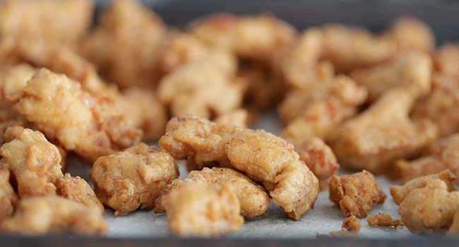 small sliced fried chicken on a rack