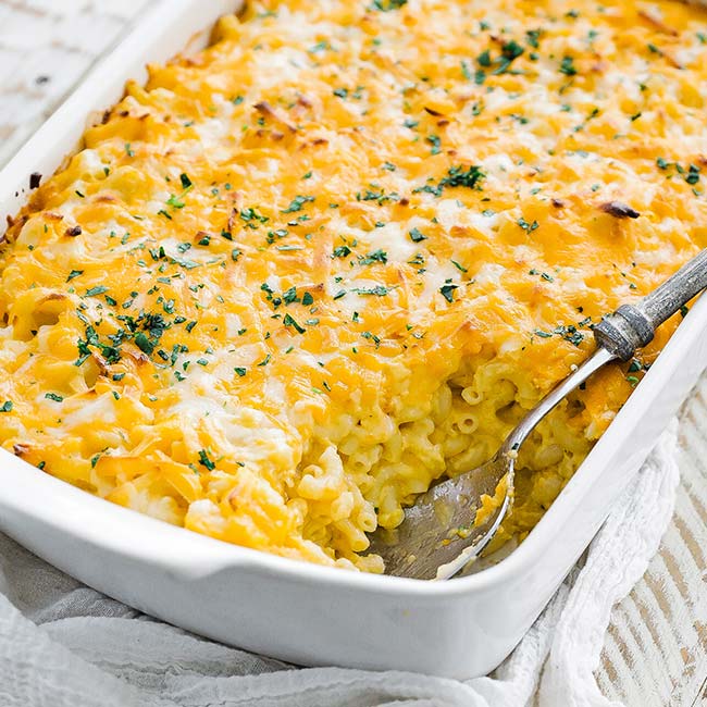 big casserole dish of macaroni and cheese