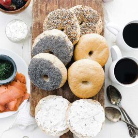 homemade bagels with cream cheese and coffee