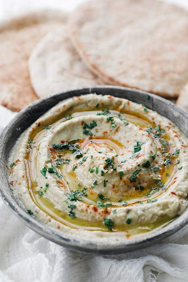 side dish of homemade baba ganoush served with pita