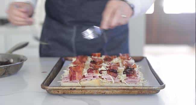 adding thick cup bacon to ham and cheese