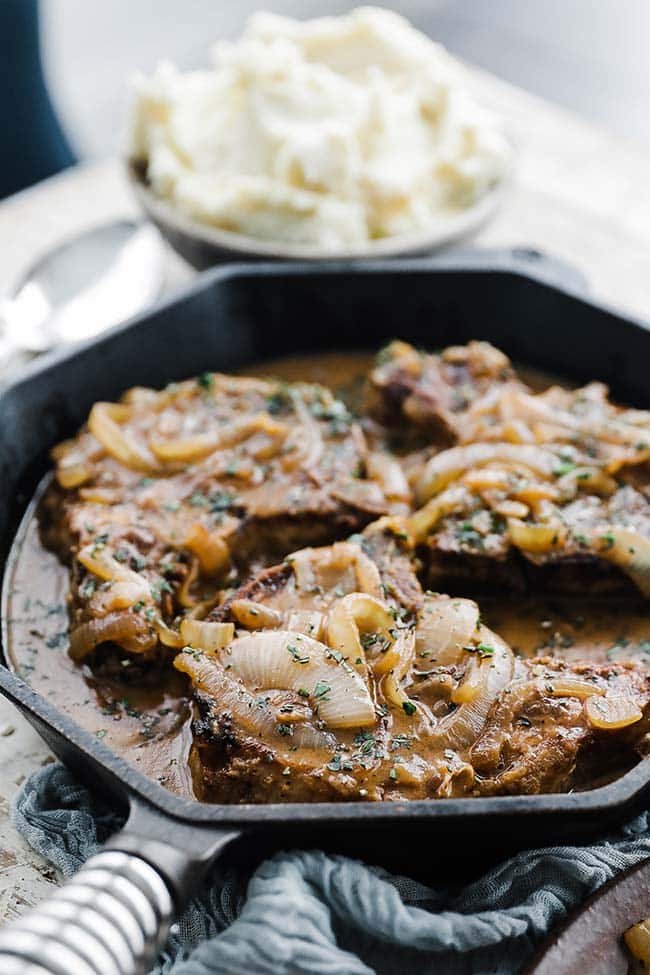 onion gravy pork chops and mashed potatoes