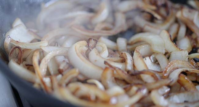 caramelized onions in a cast iron skillet