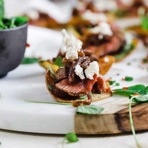 Steak Appetizer with Caramelized Onion and Boursin® Garlic & Fine Herbs