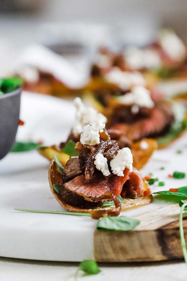 Steak Appetizer with Caramelized Onion and Boursin® Garlic & Fine Herbs